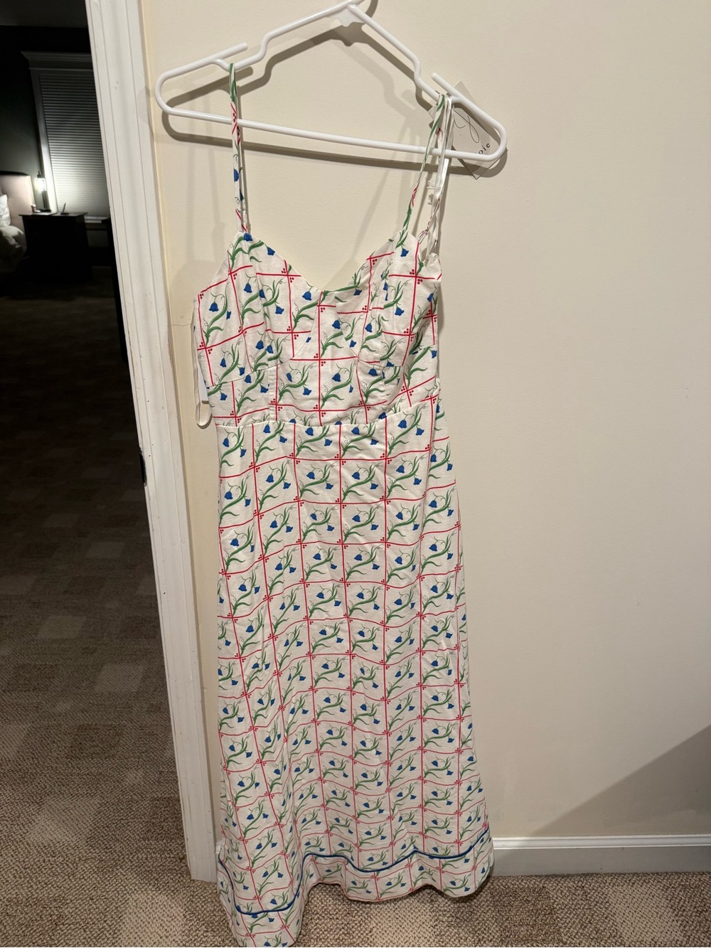 Joie White Maxi Slip Dress with Red Grid and Blue Floral Motifs